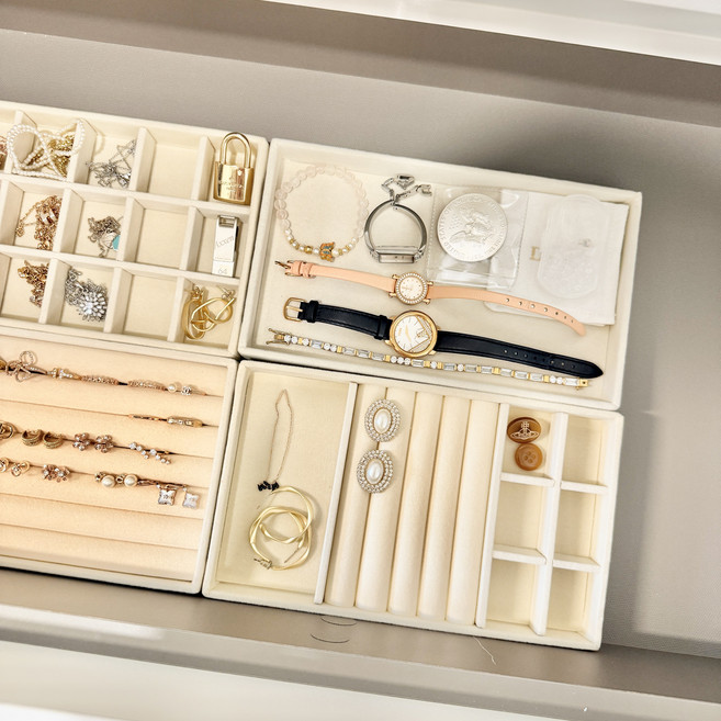 악세사리 트레이 화장대 서랍 정리 보관함 간편 벨벳 베이지, 멀티