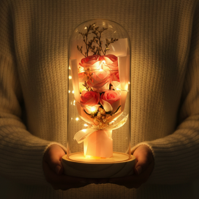 로렌드 기념일 선물 유리돔 꽃다발 + 예쁜 미니카드, 핑크