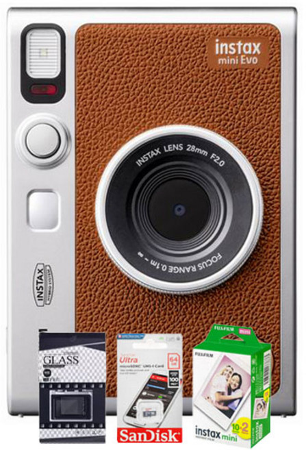 FUJIFILM instax mini Evo 混合式拍立得相機, 1個, miniEVO 棕色+20張底片+64G記憶卡+螢幕貼