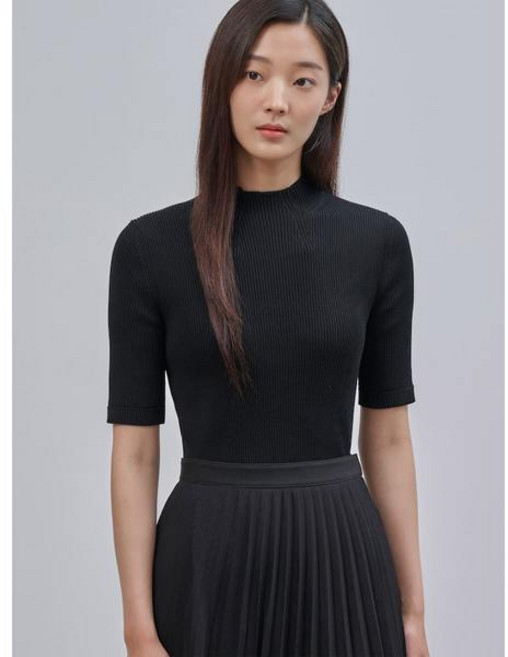 빈폴레이디스 여성 니트 코튼 폴리 혼방 골지 반소매 풀오버 블랙 베이직 니트티