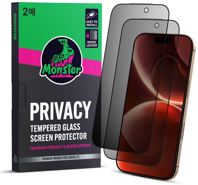 몬스터 사생활보호 슈퍼강력 강화유리 휴대폰 액정보호필름 2매 + 똥손탈출 부착틀, 1세트