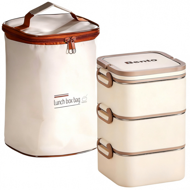 laderive 3단 스텐 보온 도시락통 야영 직장인 전자렌지 +보온가방, 1개, 하얀색