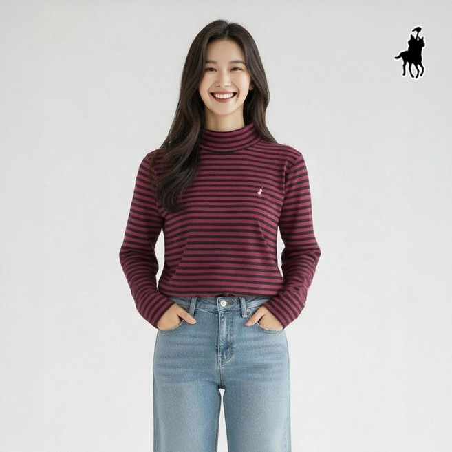 빅히트 패션 여성 스트라이프 반목 피치 긴팔 티셔츠