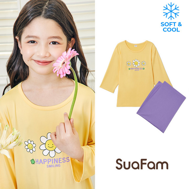 수아팜 여아용 해피플라워 소프트 쿨 7부 내의 상하의 세트 (10대 아동 잠옷 주니어 초등 학생 내복 실내복)