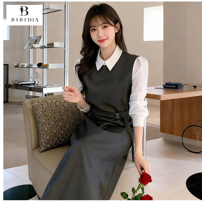 비비디아 여성 셔츠 배색 정장 카라 A라인 플레어 롱원피스 오피스룩 벨트 원피스 5587
