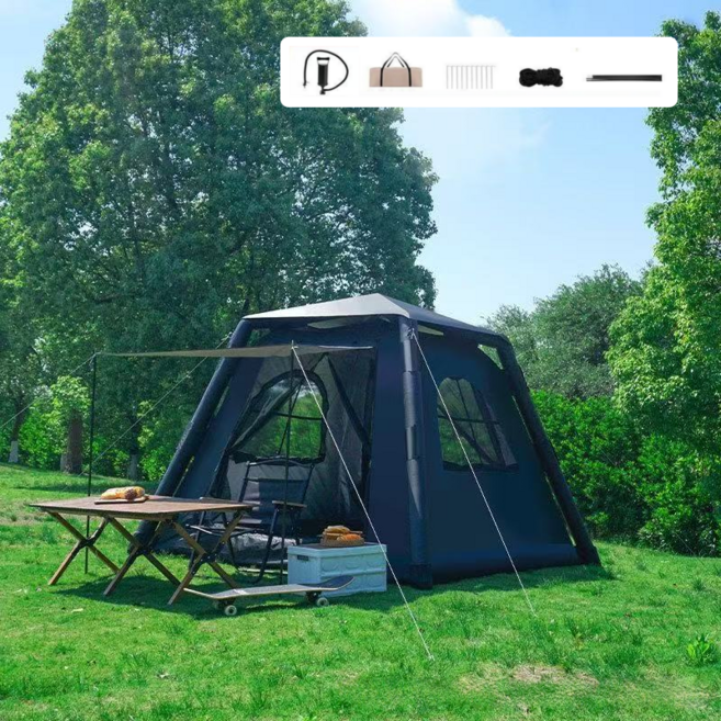 휴대용 자동 에어텐트 두텁게 하다 방수 차양 캠핑 텐트+에어 펌프+전용 가방, 5~6인용, A블랙