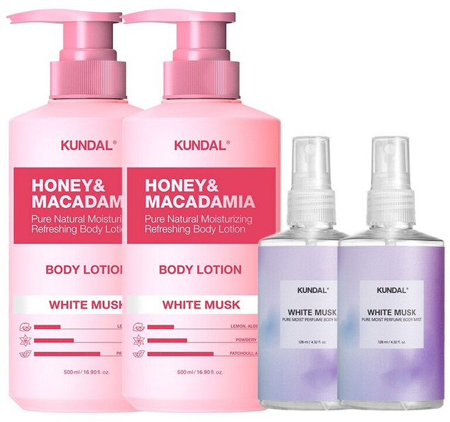 쿤달 퓨어 바디로션 화이트머스크 500ml x2개 바디미스트 화이트머스크 128ml x2개, 2개입