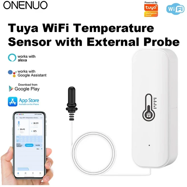 ONENUO Tuya WiFi 습도 온도 센서(외부 프로브 포함) 스마트 홈용 LCD 냉장고용 앱 모니터링, 02 Type 1