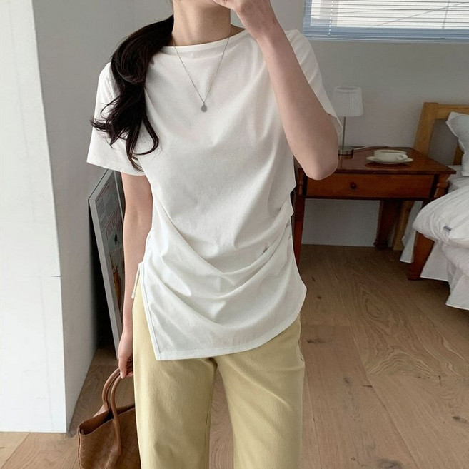 보리맘 데일리 옆트임 무지 반팔 티셔츠 린넨 코튼 혼방 루즈핏 기본티