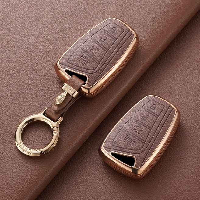 YAILIS 호환 현대 스마트키 키케이스 싼타페DM 신형에쿠스 랜저HG 제네시스DH 가죽+TPU 자동차키케이스 가죽키케이스, 브라운