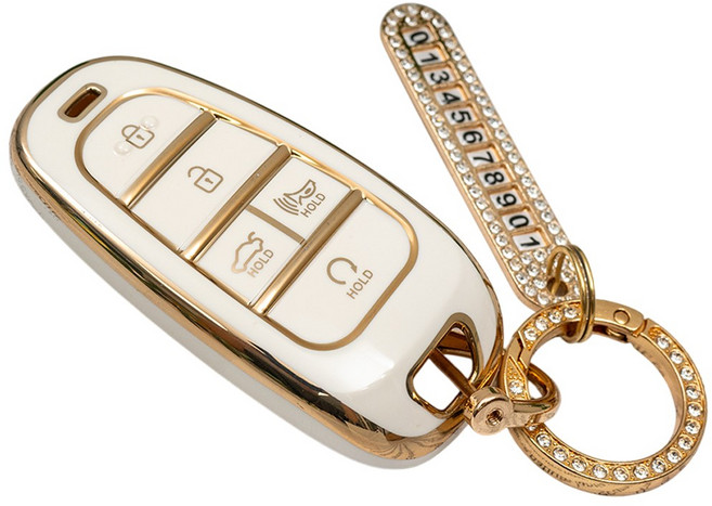 현대 소나타 DN8 스타리아 넥쏘 팰리세이드 호환 TPU 자동차 키 케이스 번호판 키링 키홀더, 5버튼TA33-KH03, 화이트