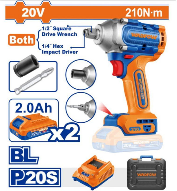 WADFOW 20V 210N·m 無刷衝擊扳手起子一體機-雙2.0Ah電池組, 1個