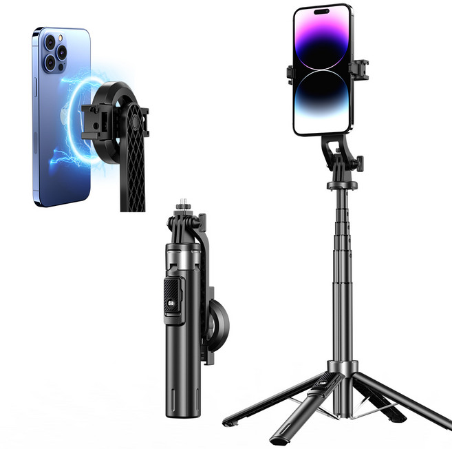 스피덱스 강력 마그네틱 맥세이프 삼각대 휴대폰 셀카봉 무선 블루투스 충전 리모컨 원터치 펼침 4각 지지대 자석 부착 및 클립 겸용, 1개 P135 블랙, 1개