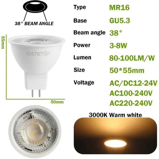 10개 MR16 GU5.3 LED 스포트라이트 전구 램프 AC 50W 할로겐 대체 가정용 조명, 02 38 degrees 3000K, 02 AC100-240V, 05 3와트