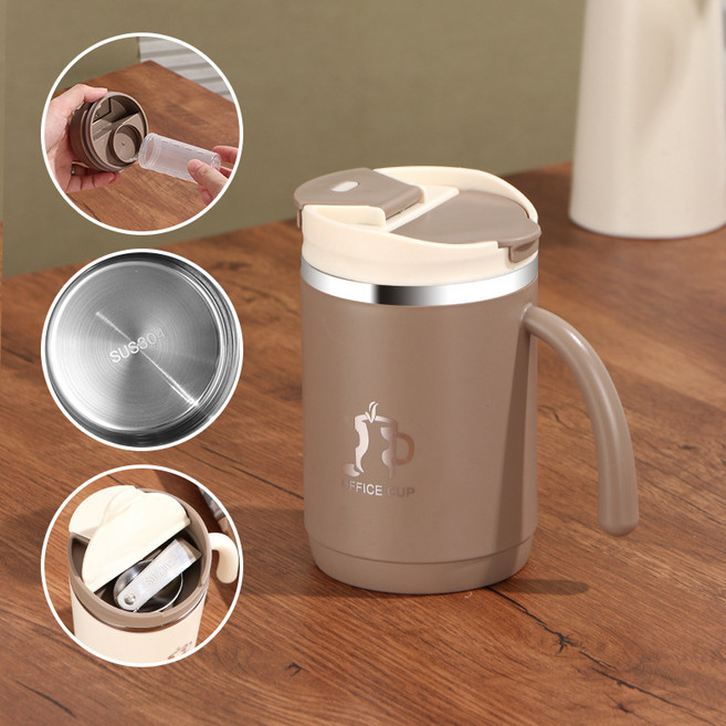 304 스테인리스 스틸 차와 물 분리 컵 머그컵 고급스러운 물컵 사무용 컵 뚜껑과 스푼이 있는 커피컵, 550ml, 커피색 500ML 차 여과기 컵 [304 내장 + 30, 1개