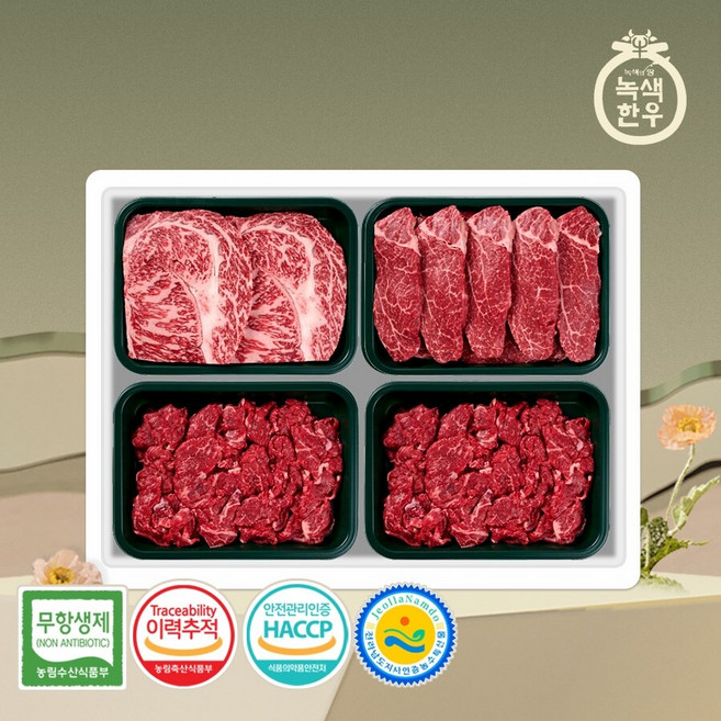 [녹색한우] 무항생제 1+등급 한우선물세트 구이정육 5호 1.2kg (등/안/불/불), 1세트