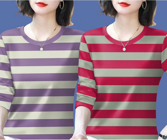 1+1 중년 여성 긴팔 티셔츠 봄 가을 긴팔티 루즈핏 데일리 스트라이프 라운드 상의 CY