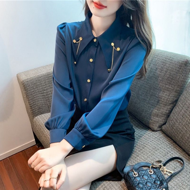 해피유통 여성 봄 실크 블라우스 패셔너블 메탈 장식 디자인 XG24