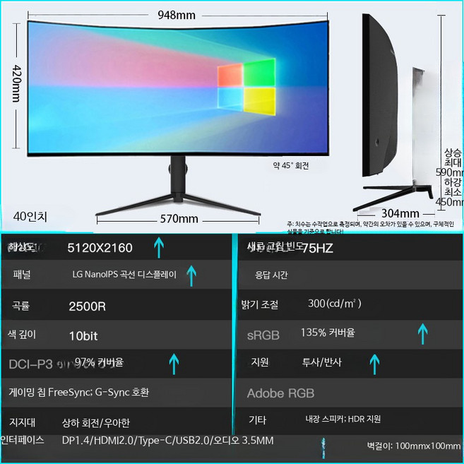 34인치 180Hz 240Hz 곡면 울트라와이드 게이밍 모니터 32~49인치, 23_40인치5KNanoIPS곡면75Hz, 1cm