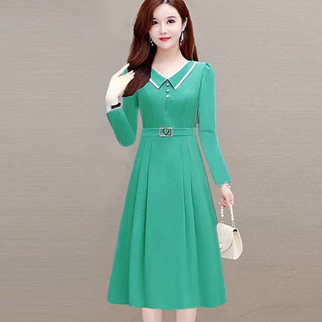 besteffie 여성용 우아한 카라넥 긴팔 롱 원피스 세련된 스타일 슬림 A라인 빅사이즈 결혼식 하객룩 여자 원피스 Q55