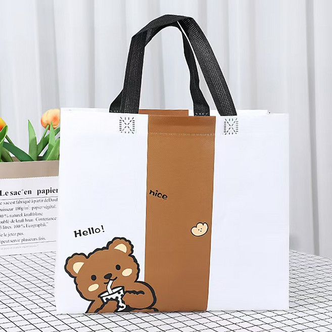 복장 부직포 쇼핑백 소 포장봉투 손잡이 선물봉투 러블리 패턴, 10개, 갈색곰돌이