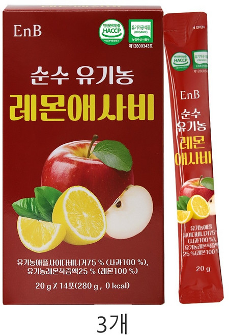 ENB 순수유기농레몬애사비 홈카페 여성 레몬즙 식단관리 샐러드활용 간편섭취 스틱포장 애플사이다비니거 식초다이어트 천연발효식초 혈당스파이크 탄수화물컷팅 지방분해 기능성 원료 아님, 3개