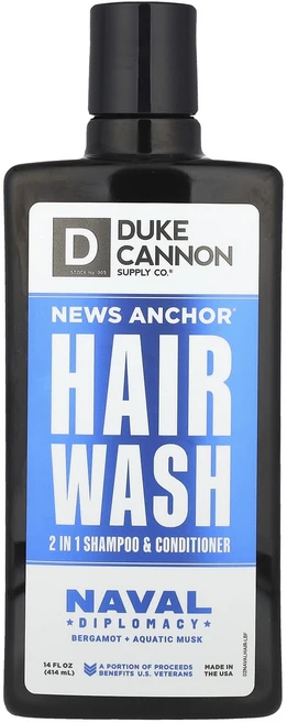 Duke Cannon Supply Co. New Anchor® 헤어 워시 2 in 1 샴푸 & 컨디셔너 Naval Diplomacy 베르가모트 + 아쿠아틱 머스크 414ml(14, DukeCannonSupplyCoNewAnchor헤어워, 414ml - 쿠팡