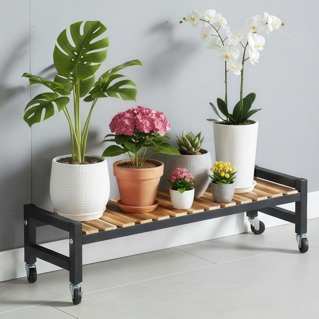 디원리빙 이동식 프리미엄 철제프레임 계단식 화분 정리 선반대, 블랙 80cm, 1단