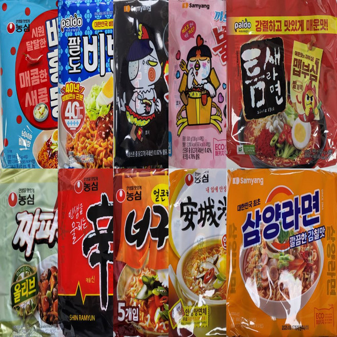 인기봉지라면 비빔면 낱개 10종 20봉입(배홍동2+팔도비빔2+불닭볶음2+까르보불닭2+틈새라면2+짜파게티2+신라면2+너구리2+안성탕면2+삼양2), 1세트