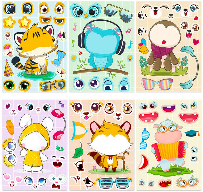 嗨購 兒童創意手工DIY卡通貼畫 6張/包動物拼圖貼紙, 按6的倍數拍-T01, 1個