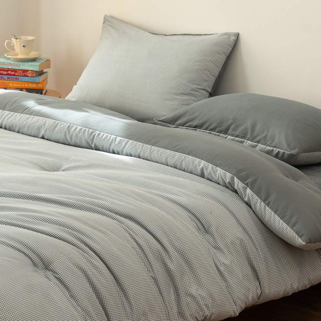 KURUA 레트로 체크 워싱 이불 세트 간절기 이불/패드/베개커버 세트, 블루, 이불+패드+베개커버 세트