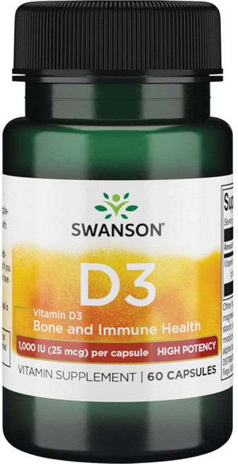 스완슨 고효능 비타민 D-3 1000IU 25mcg 캡슐, 1개, 60정