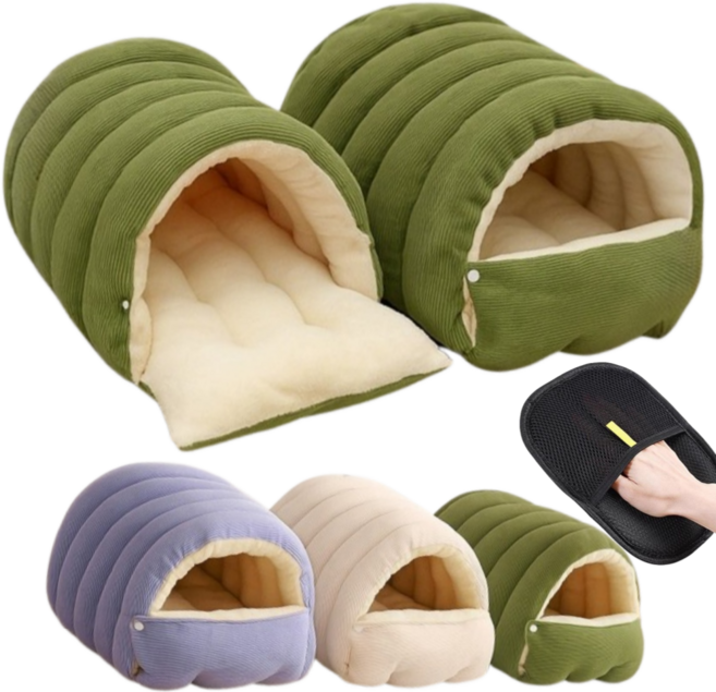 프라홈 반려동물 골덴 침낭 동굴 하우스 쿠션 숨숨집 털제거장갑, 1개, 베이지