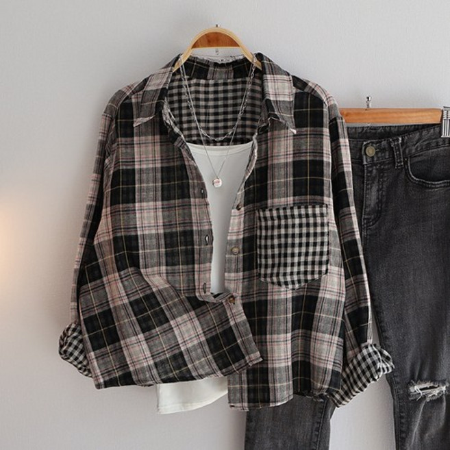 스카이코코 여성 긴팔 남방 벨루 아사 체크 숏 셔츠