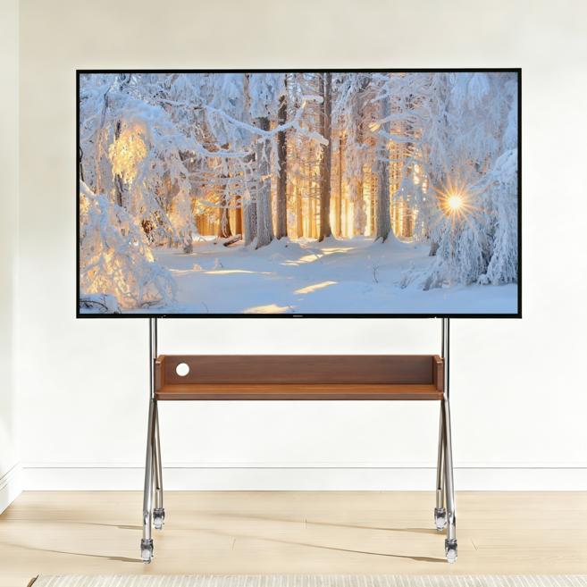 Bornoon 이동식 스탠드 티비 거치대 원목 오크 선반 무포름알데히드 32-75인치, 원목 오크 선반 32-75인치 스테인리스강관, 1개