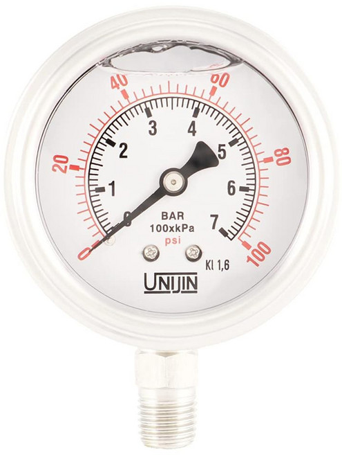Unijin P255 시리즈 2.5 인치 다이얼 오일 충전 풀 스테인리스 스틸 압력 게이지 0-160 PSI/kPa ±1.6% 정확도 0.6 cm NPT 하단 마운트, 0-100 psi, 1개, 0-100 PSI