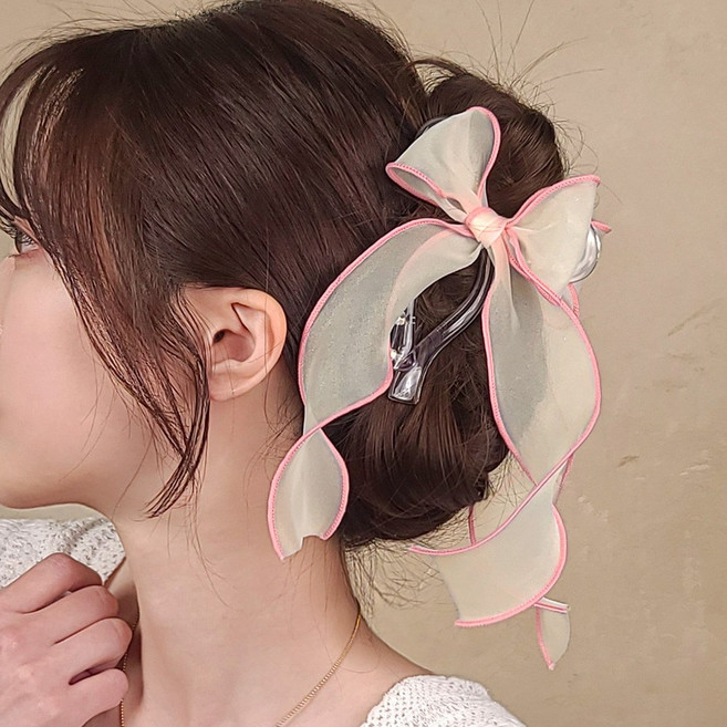 초콜리트쥬얼리 로코 배색라인 반묶음 올림머리 헤어 집게 오간자 드롭 리본핀 - 5color