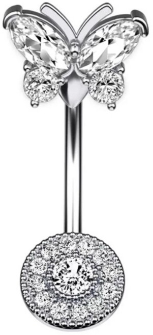 蝴蝶造型醫療鋼肚臍環 閃亮水鑽設計, 1個, 6mm