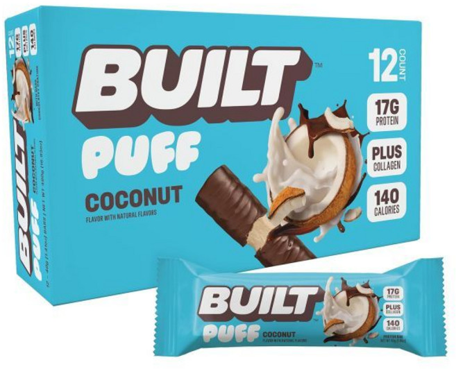 Built Bar 에너지바 빌트 바 퍼프 프로틴 코코넛 17g 단백질 간식 휴대용 140칼로리 6g 설탕 콜라겐 글루텐 프리 12개입