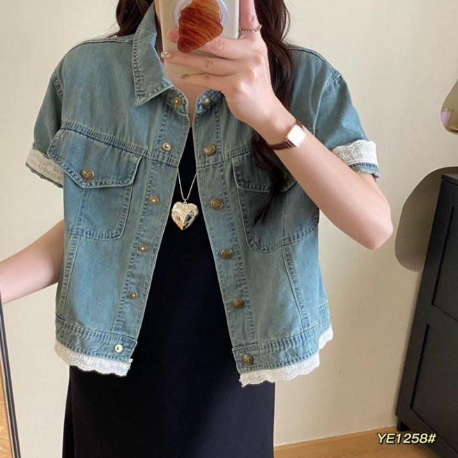 쩐쿠 여성 카라넥 캐주얼 데님 반팔 자켓 KA029