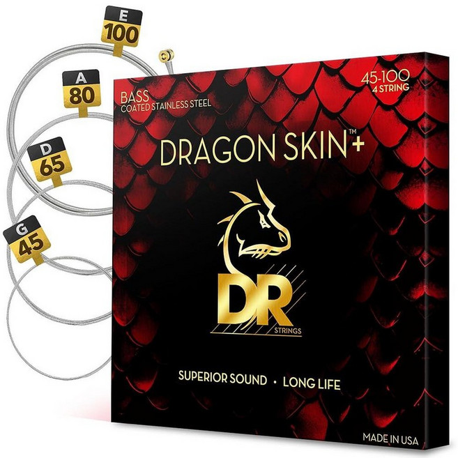 DR Strings 베이스 기타 스트링 | 드래곤 스킨+ 코팅 스테인리스 스틸 DBS-45/100 편안한 느낌과 긴 수명의 우수한 사운드 중간 조명 45-100 (DBS-45/, 1개