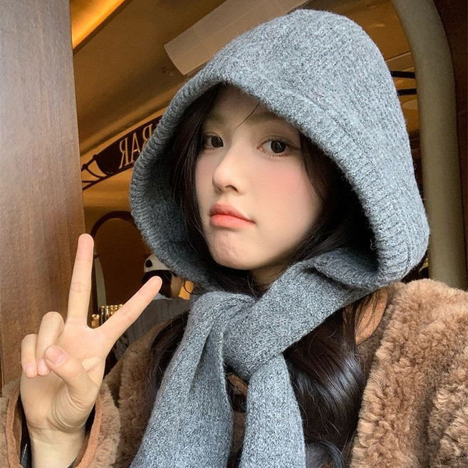 韓係高級灰色頭戴帽女秋冬季新款連帽子圍巾一體保暖護耳針織圍脖, 米白色,成人款均碼（帽圍56-58cm）, 1個