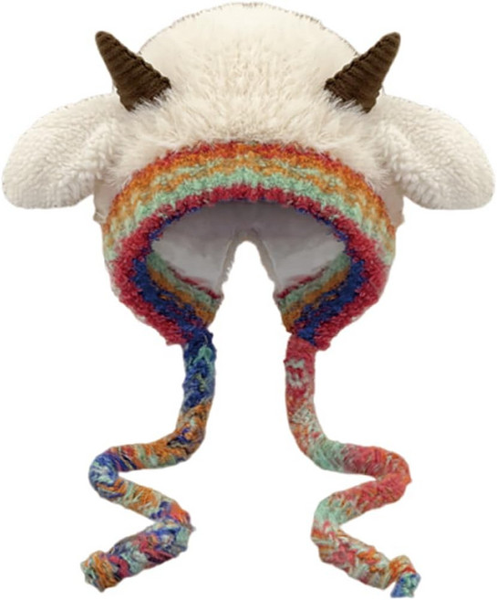 아모피아 여아 동물 비니 모자 귀여운 뿔 양 귀 니트 겨울 따뜻한 플랩 해골 플러시 2-10 년