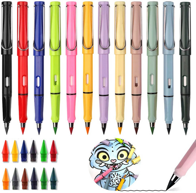 12종 컬러 무한연필 + 리필심 12P 세트 깎지않는 만년 반영구 단체 선물 답례품 판촉물, 혼합