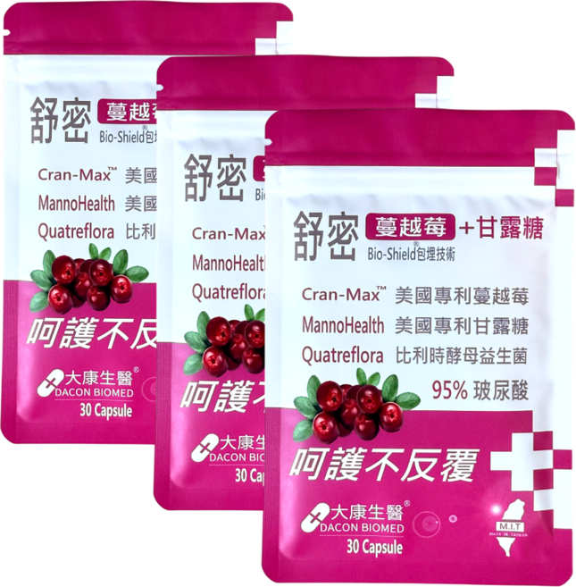 大康生醫 舒密 500毫克晶球保護蔓越莓益生菌 含48mg前花青素、甘露糖、玻尿酸 私密調理 酵母益生菌, 3個, 30顆