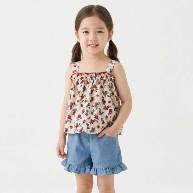 지디오 키즈 여아 민소매 투피스 세트 플라워 나시 프릴 청반바지 여름 상하복
