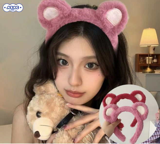 복실 곰돌이 핑크 귀 머리띠 헤어밴드 아삭스퀘어 1+1, 연핑크 + 핫핑크