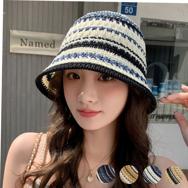 여름돌돌이 여성 예쁜 배색 스트라이프 펀칭 니트 데일리 버킷햇