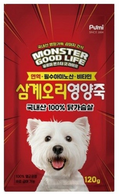 푸르미 강아지 몬스터 굿 라이프 영양죽, 삼계오리, 120g, 12개