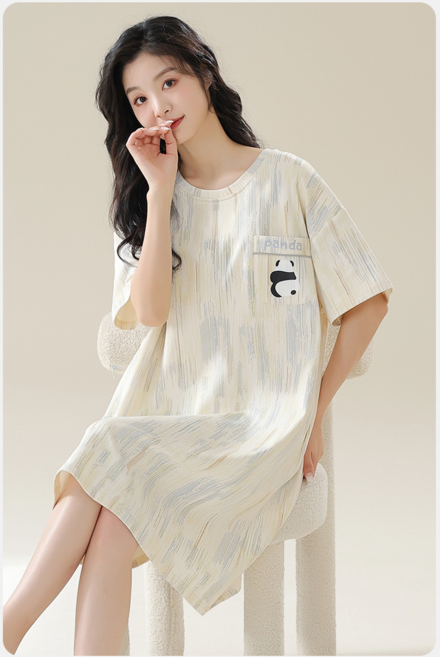 BRAR 寬鬆休閒印花睡裙 短袖中長款 附胸墊女士睡衣